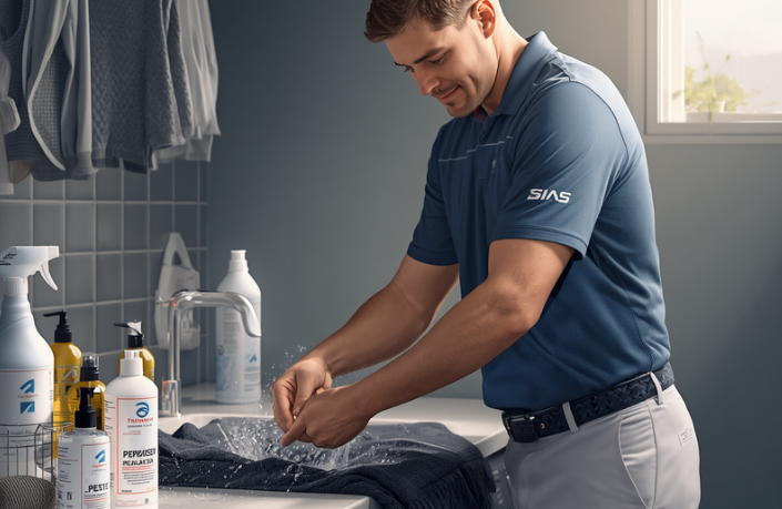 clean-performance-golf-apparel-care-routine-with-polo-jacket-and-laundry-items